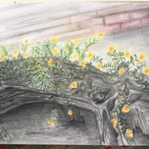 study of a tree trunk with flowers